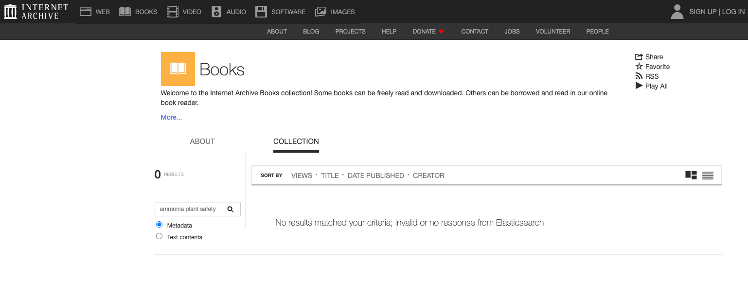 A screenshot of the Internet Archive showing the response “No results matched your criteria; invalid or no response from Elasticsearch.”