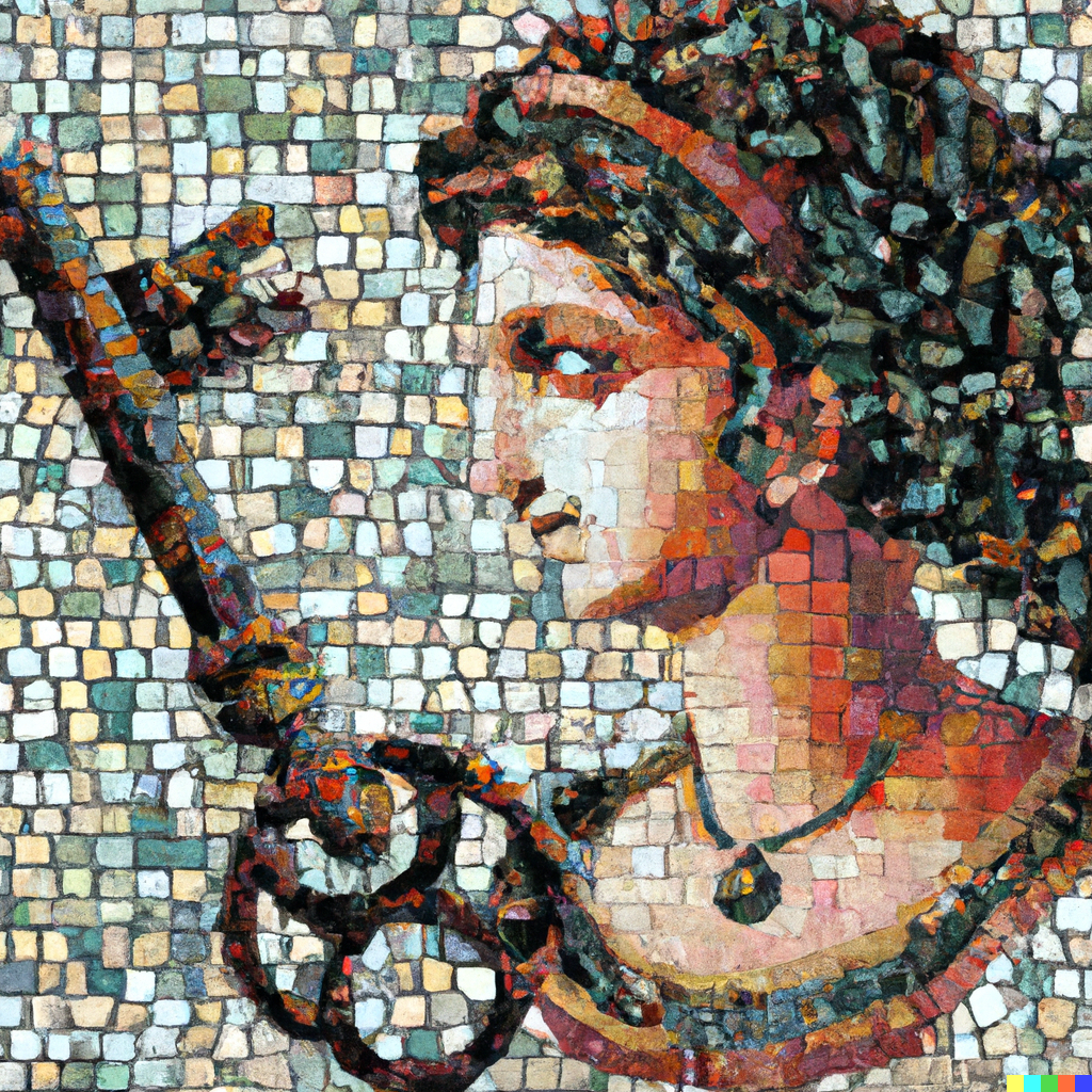 A mosaic of a Roman goddess gazing at a giant key.