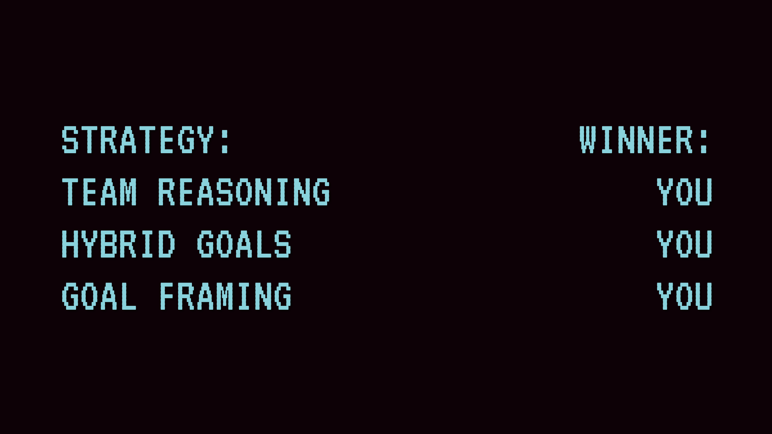 An interface in the style of War Games declaring that &ldquo;you&rdquo; won by adopting the strategies of team reasoning, hybrid goals, and goal framing.